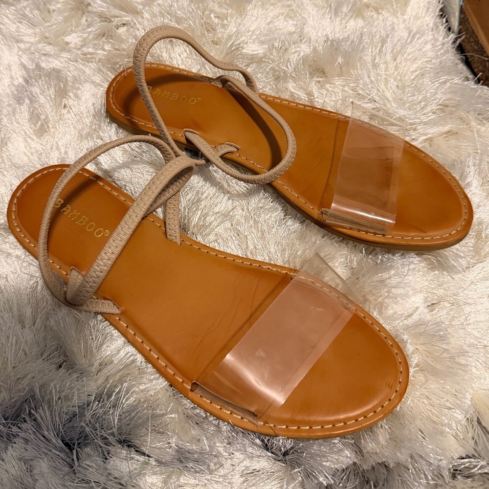 BAMBOO Tan Clear Strap Lace-Up Flat Sandals